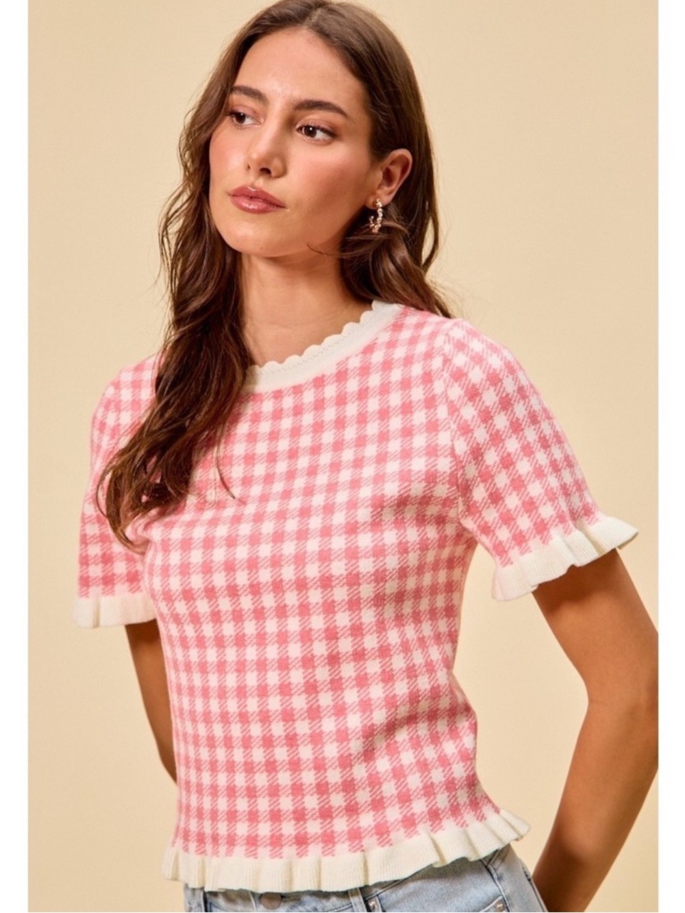 SO ME XL White Ivory Pink Gingham Knit Ruffle Trim Short Sleeve Sweater Top - Picture 5 of 13
